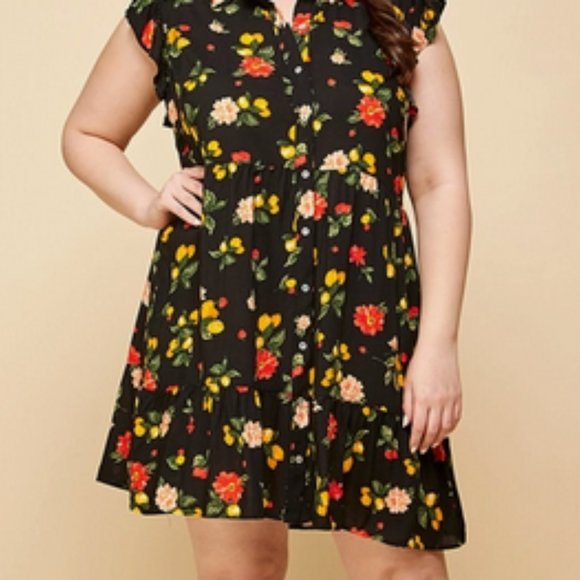 button front tiered babydoll dress flutter sleeves, - Picture 3 of 3